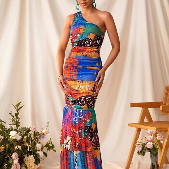 Multicolor Elegant Women's Sexy Sheer Mesh Printed One Shoulder Sleeveless Dress - Picture 5 of 7